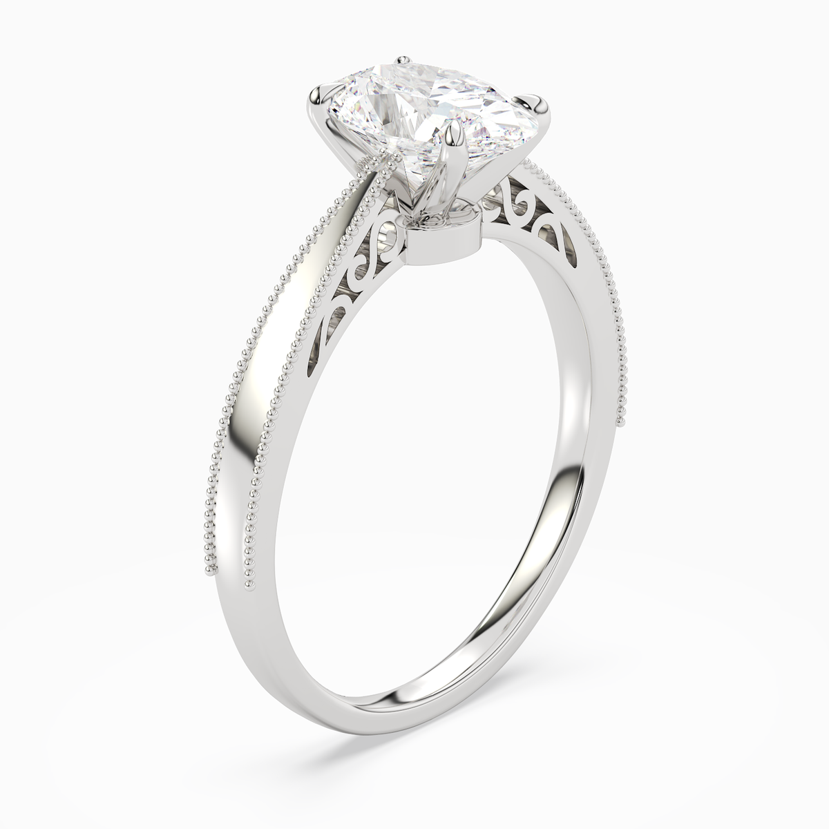 Oval Milgrain Edge Solitaire in Platinum angled