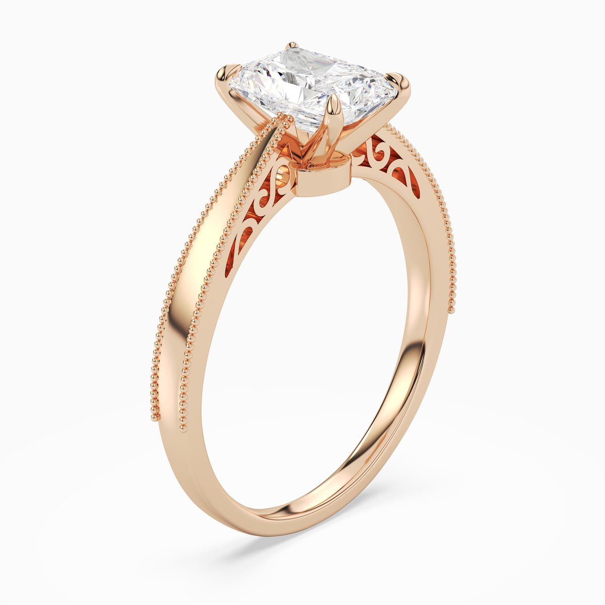 Radiant Milgrain Edge Solitaire in 14K Rose Gold angled