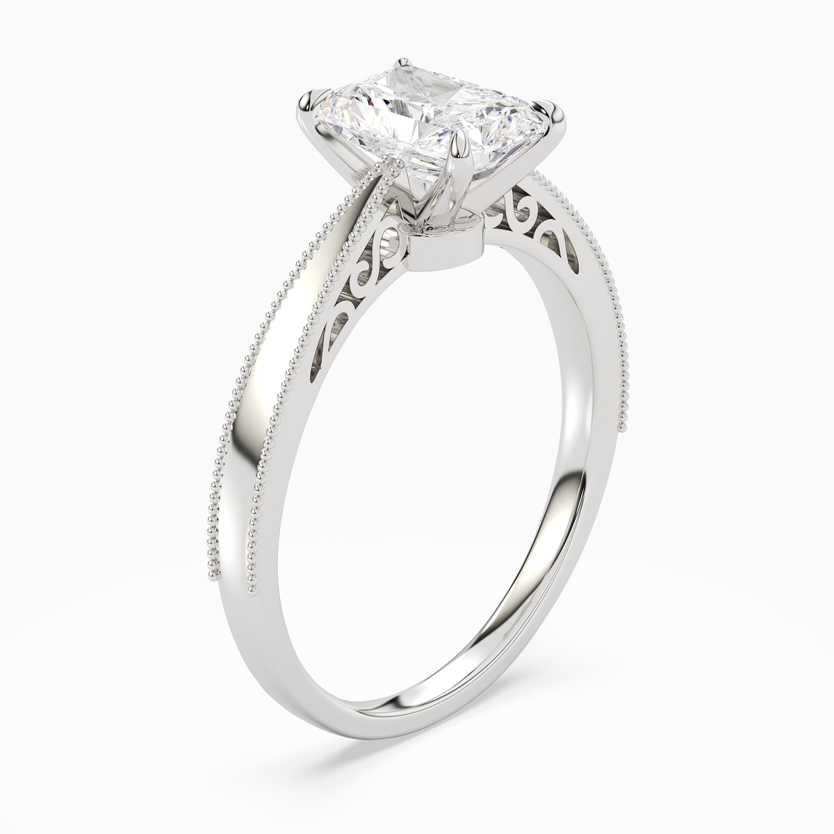 Radiant Milgrain Edge Solitaire in 14K White Gold angled