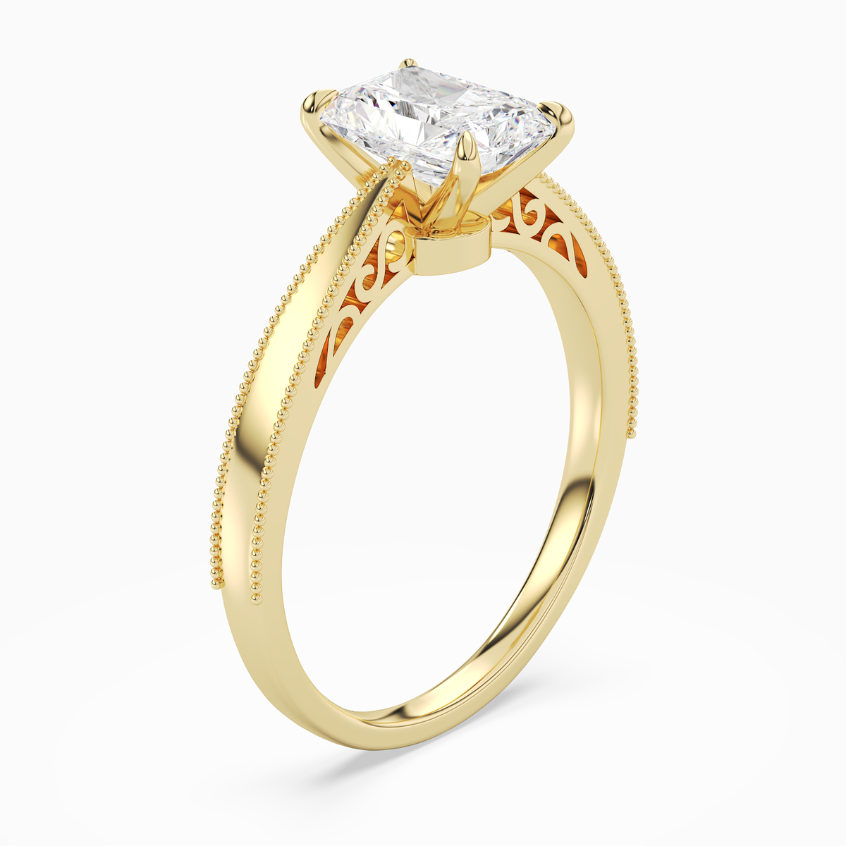Radiant Milgrain Edge Solitaire in 14K Yellow Gold angled