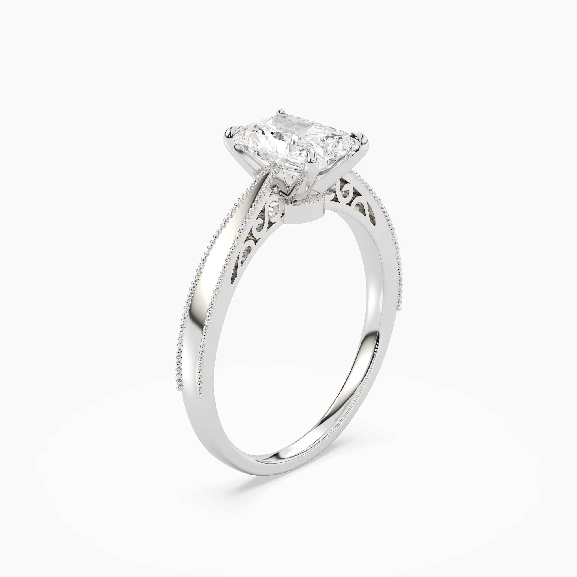 Radiant Milgrain Edge Solitaire in 18K White Gold angled