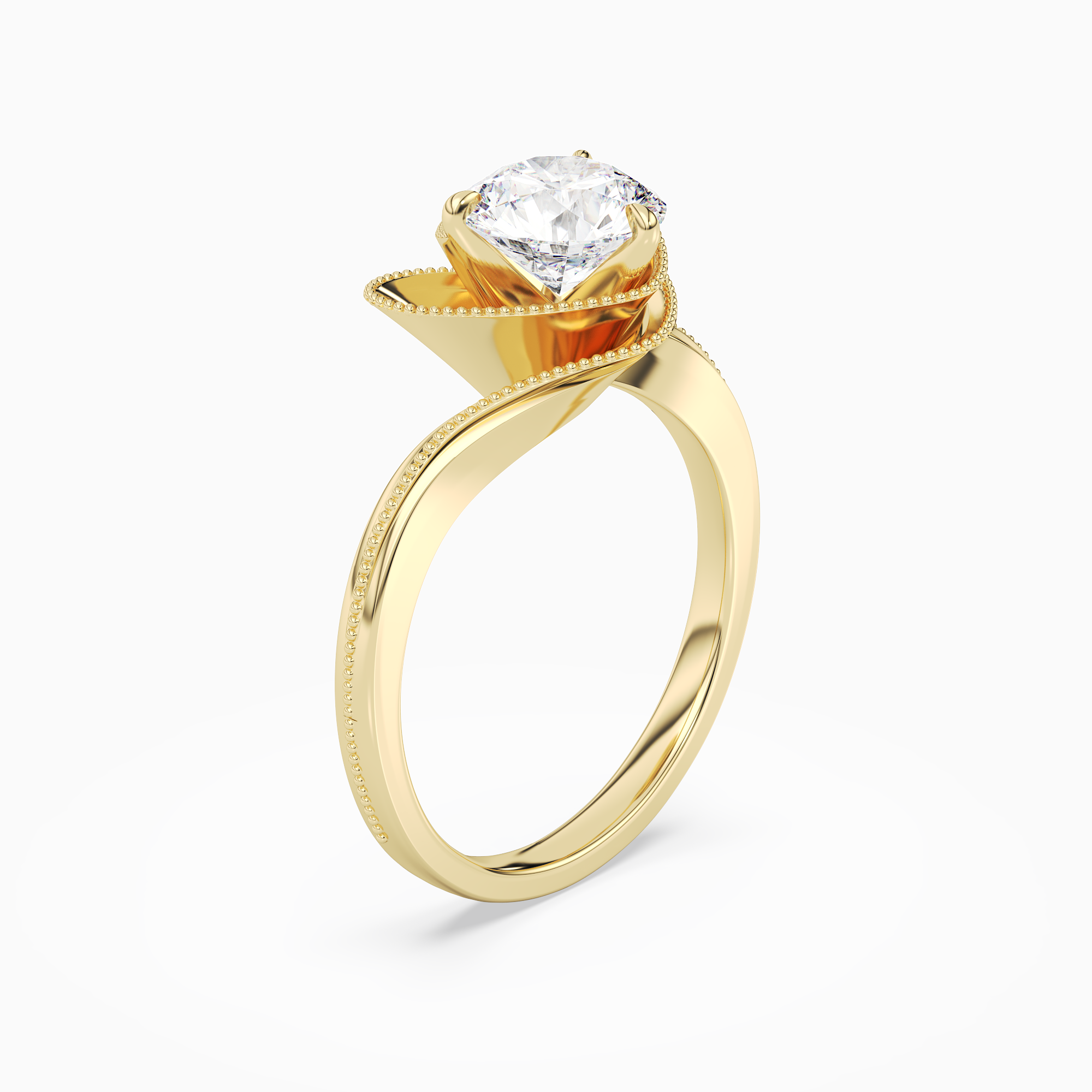 Round Natural-Inspired Crossover Solitaire in 14K Yellow Gold angled