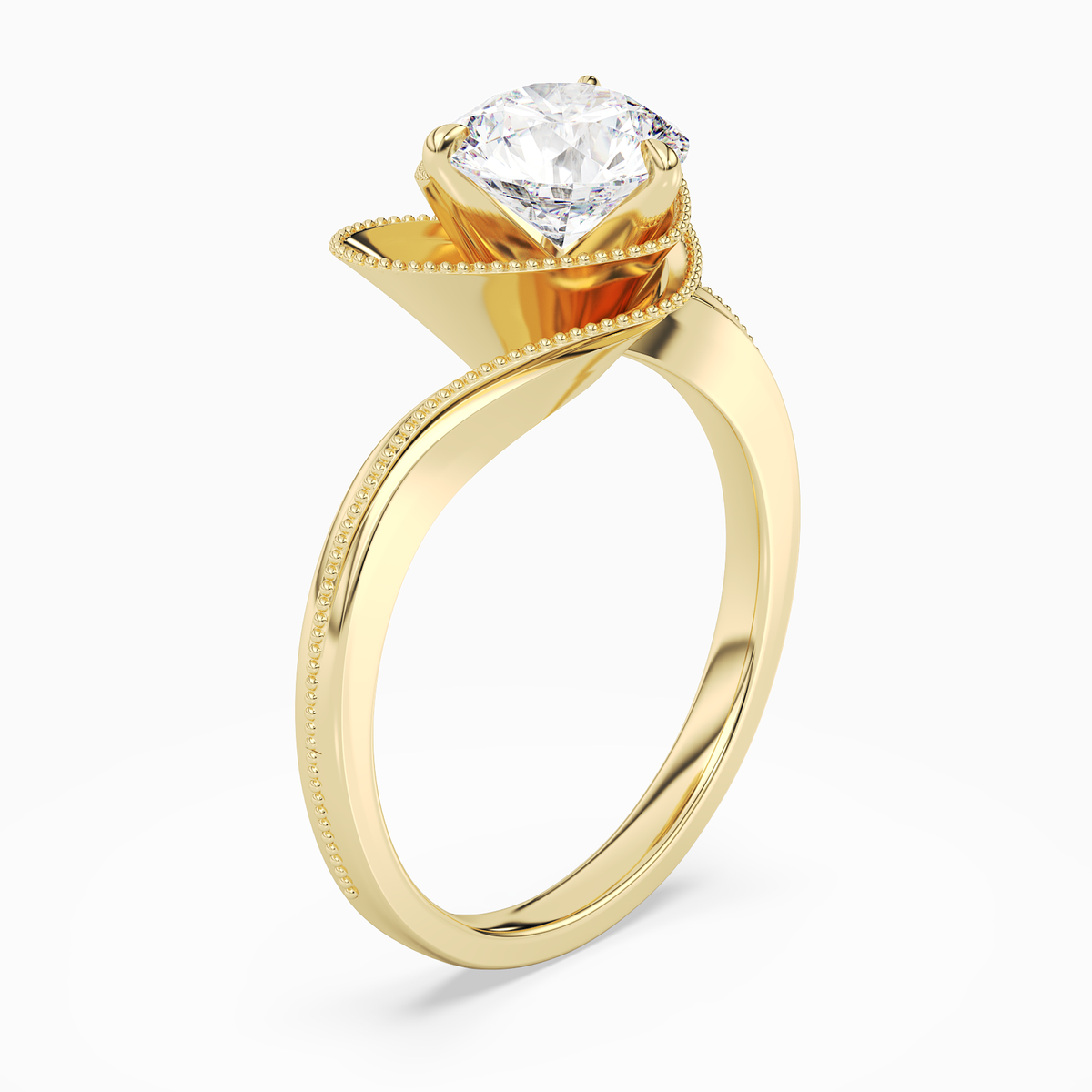 Round Natural-Inspired Crossover Solitaire in 18K Yellow Gold angled