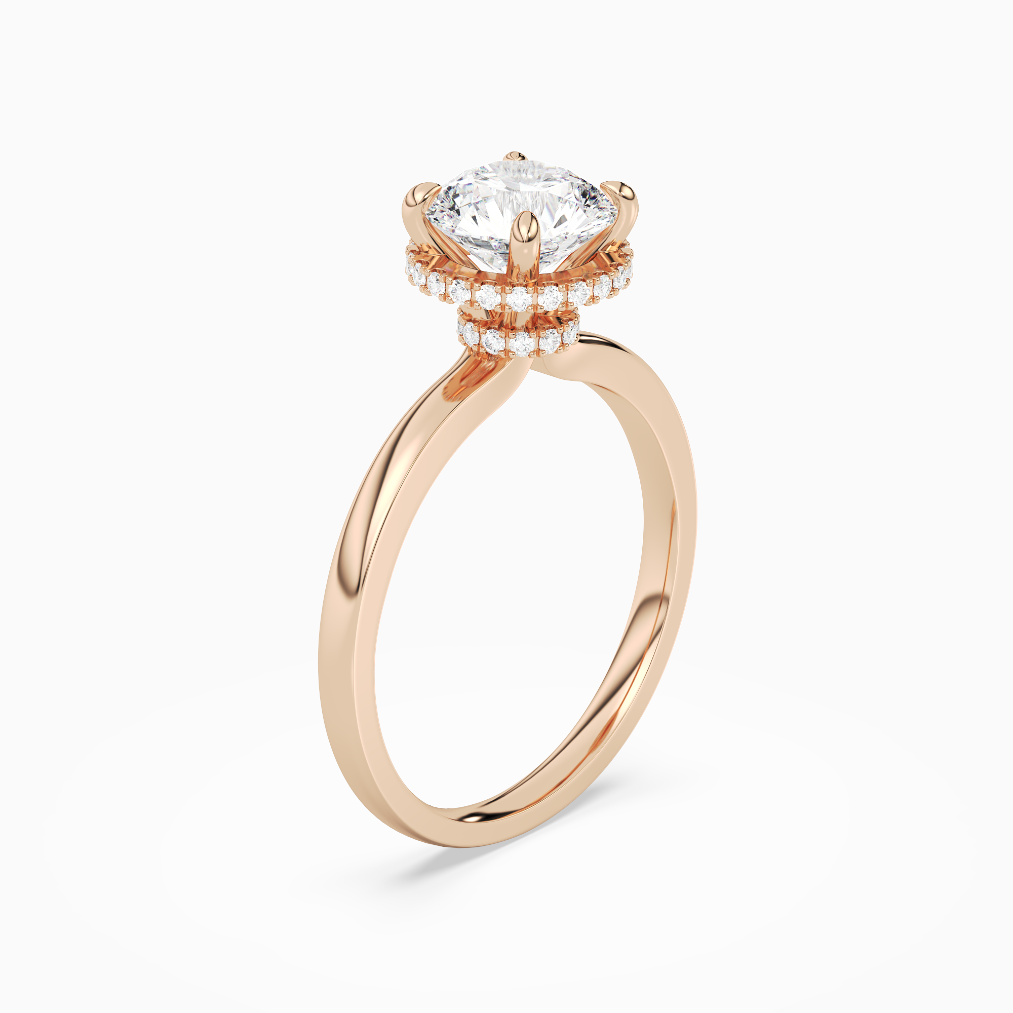 Round Double Hidden Halo Plain in 14K Rose Gold angled