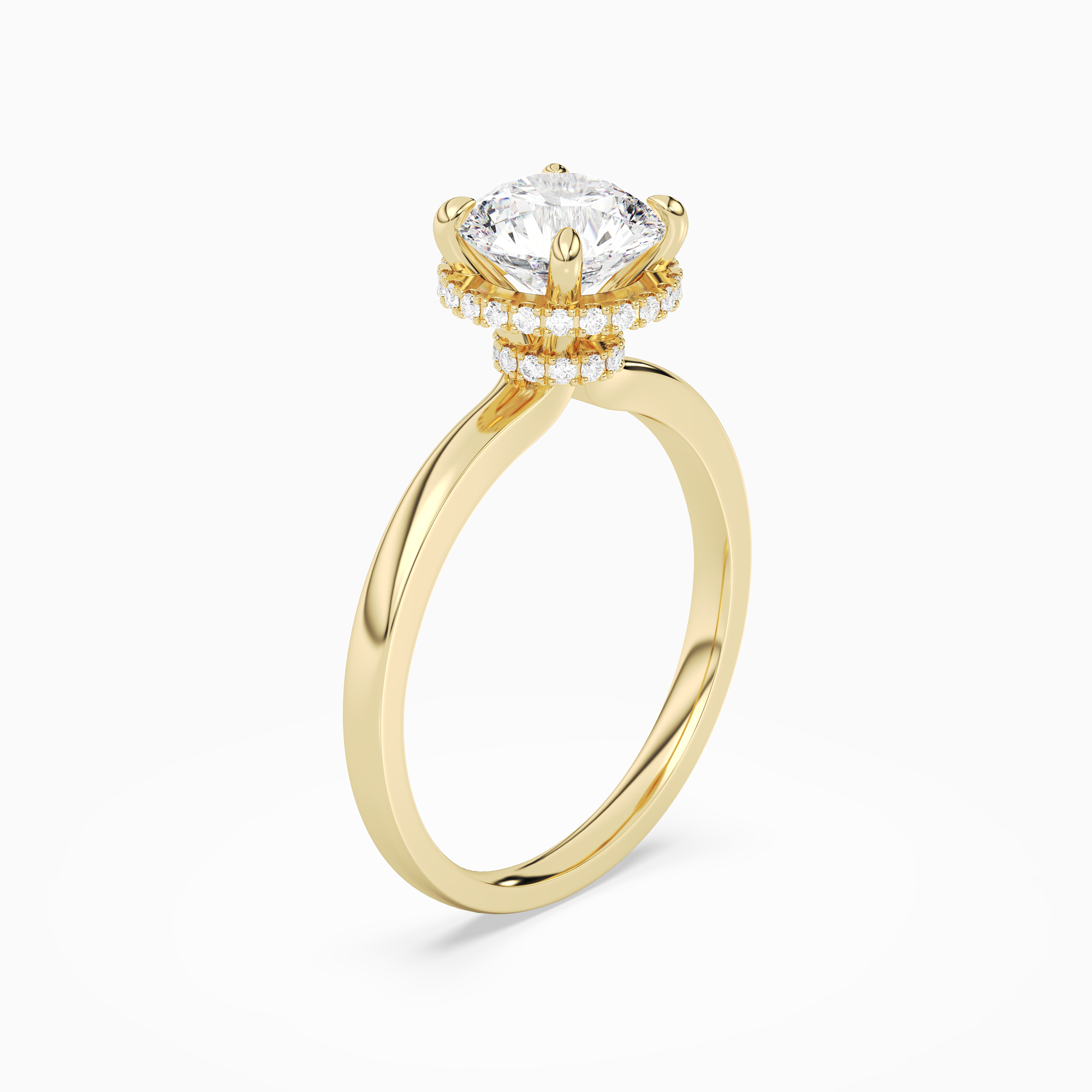 Round Double Hidden Halo Plain in 18K Yellow Gold angled