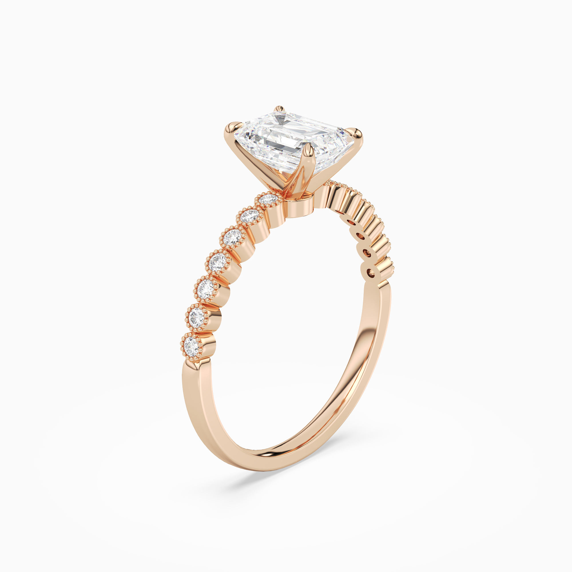 Emerald Accent Shoulder Solitaire in 14K Rose Gold angled