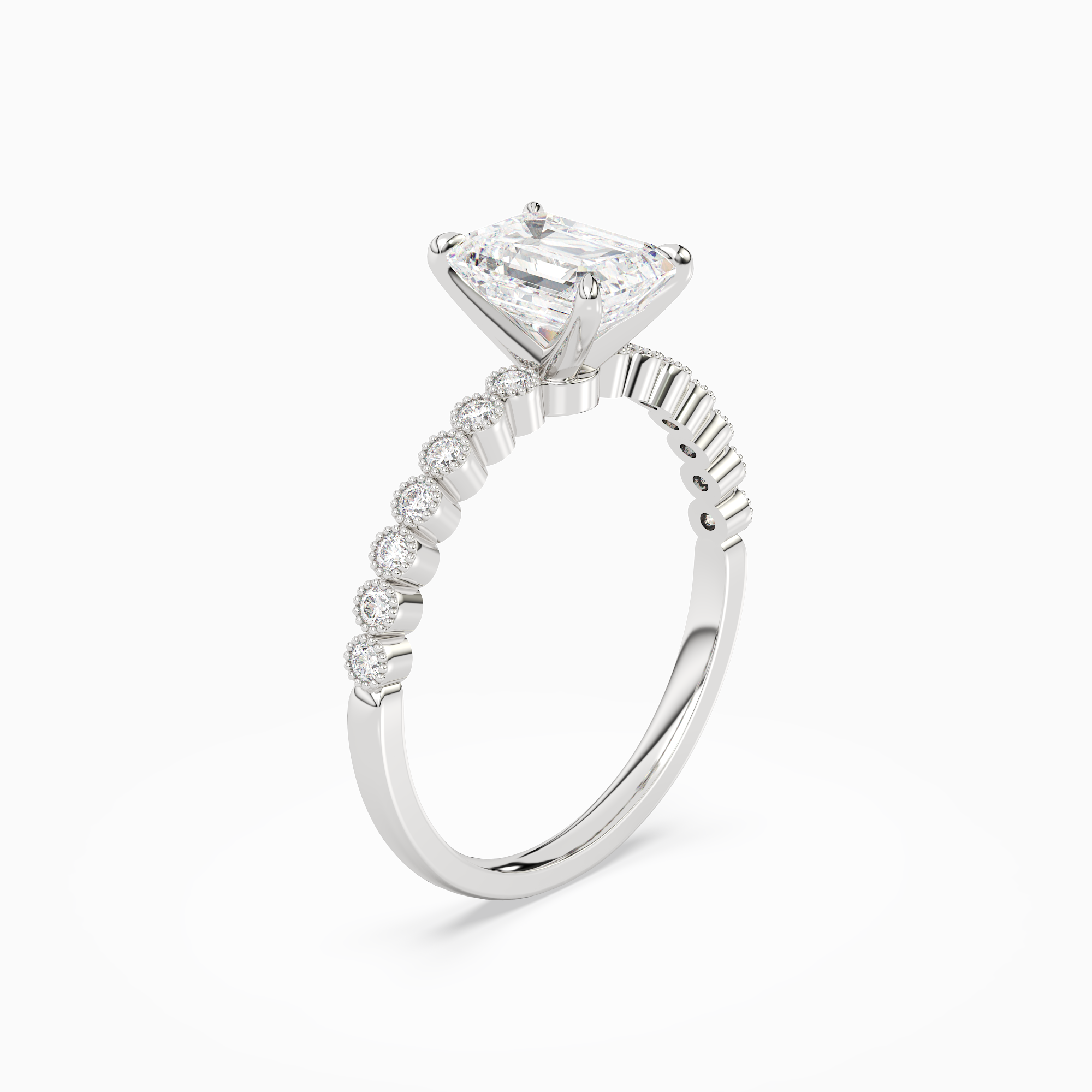 Emerald Accent Shoulder Solitaire in 18K White Gold angled