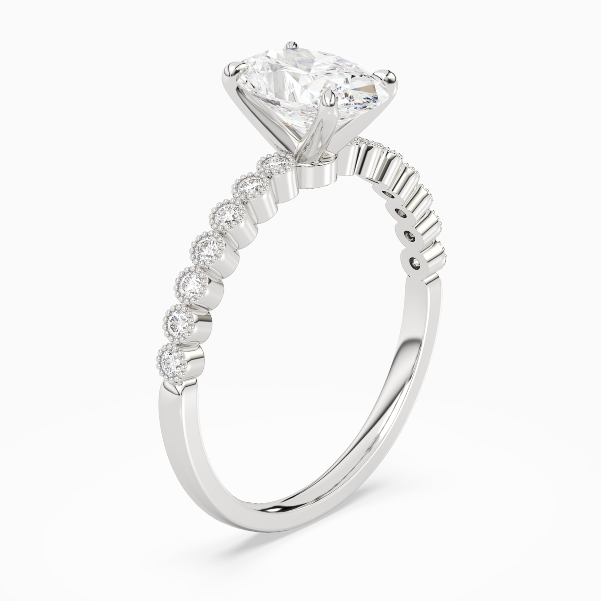 Oval Accent Shoulder Solitaire in 14K White Gold angled
