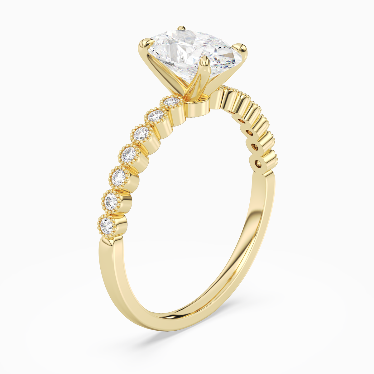 Oval Accent Shoulder Solitaire in 14K Yellow Gold angled