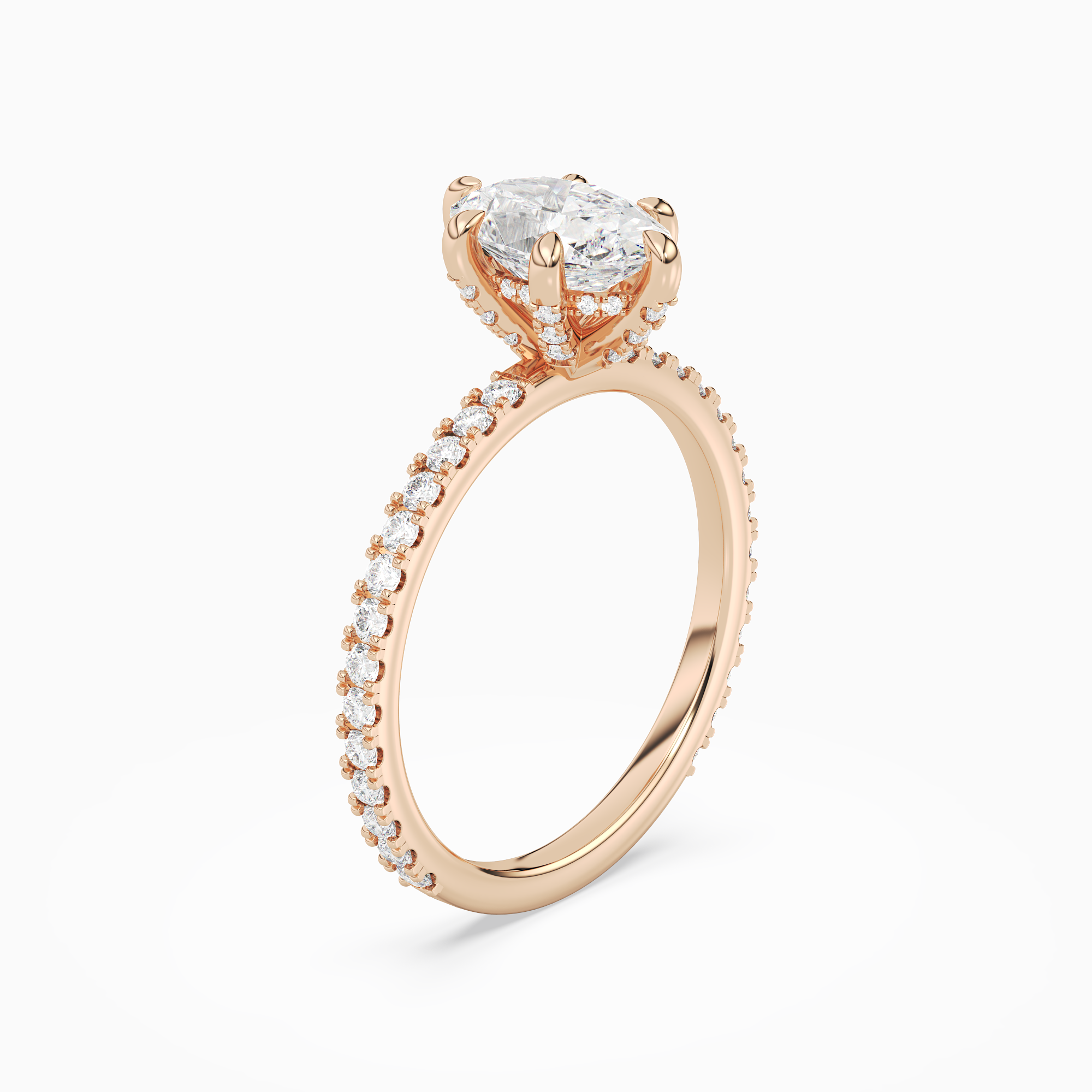 Oval Hidden Halo Accent Six-Prong Pavé in 14K Rose Gold angled