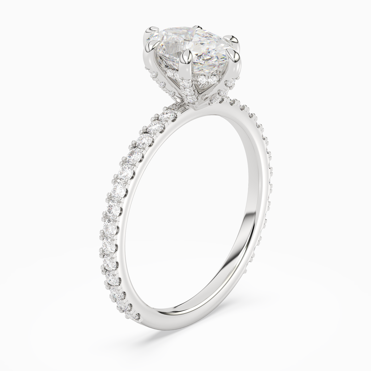 Oval Hidden Halo Accent Six-Prong Pavé in 14K White Gold angled