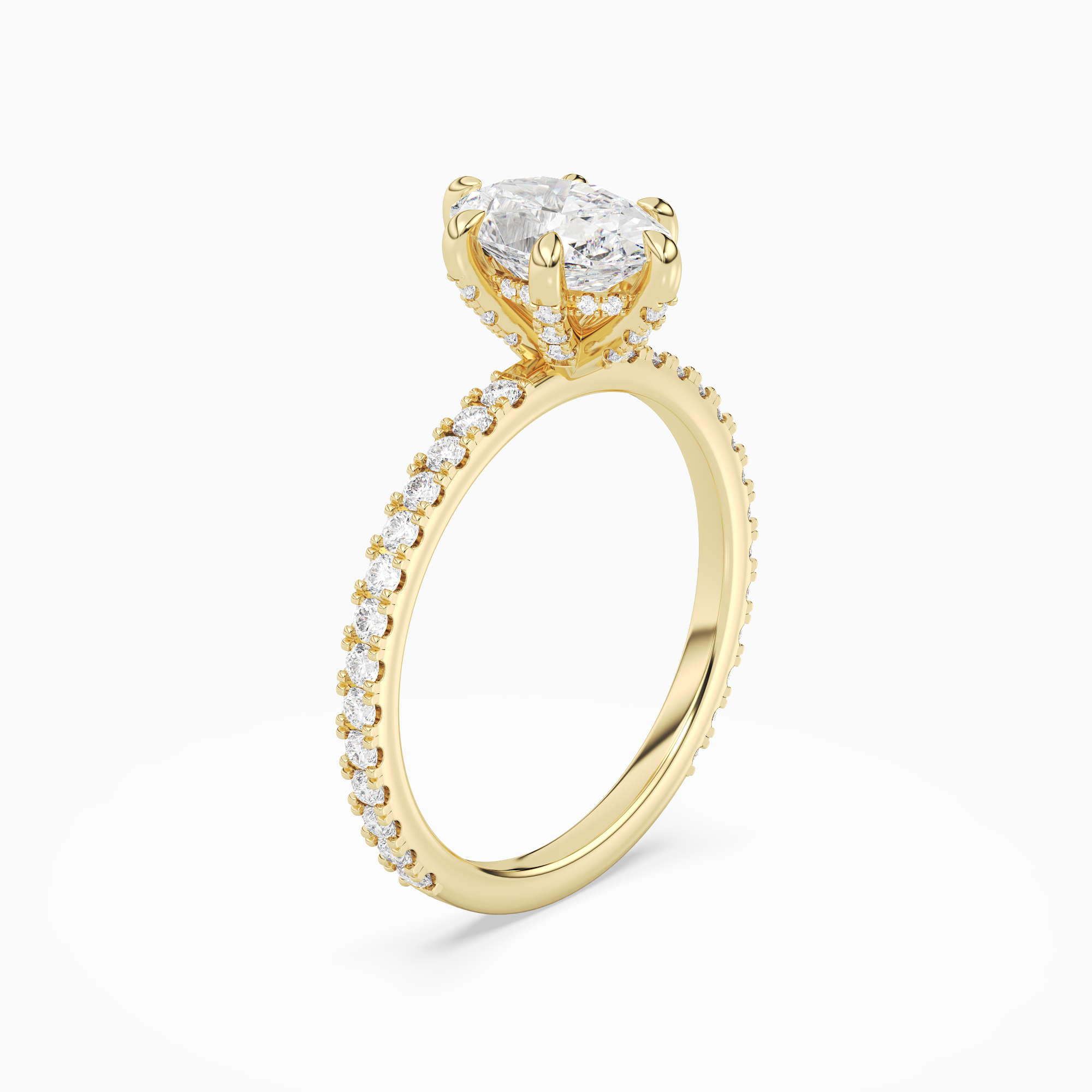 Oval Hidden Halo Accent Six-Prong Pavé in 14K Yellow Gold angled