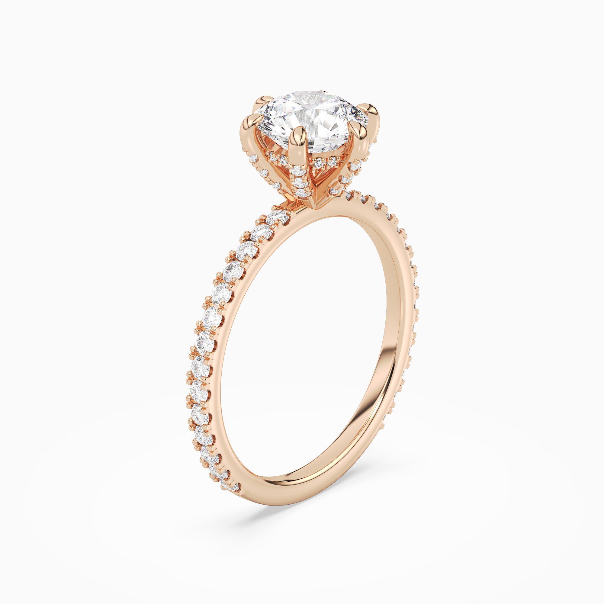 Round Hidden Halo Accent Six-Prong Pavé in 14K Rose Gold angled