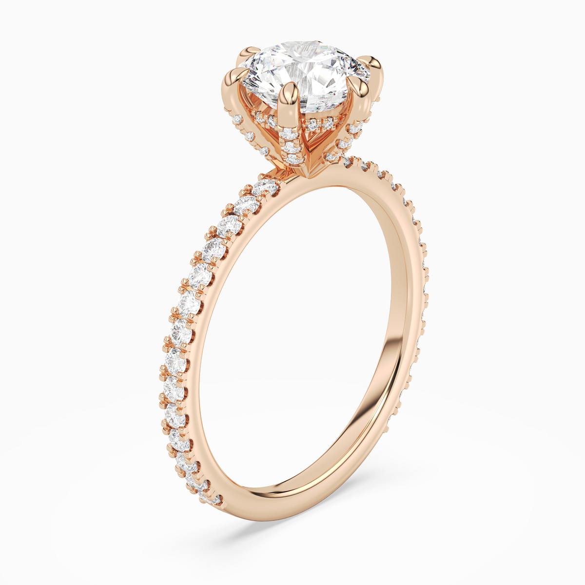 Round Hidden Halo Accent Six-Prong Pavé in 14K Rose Gold angled