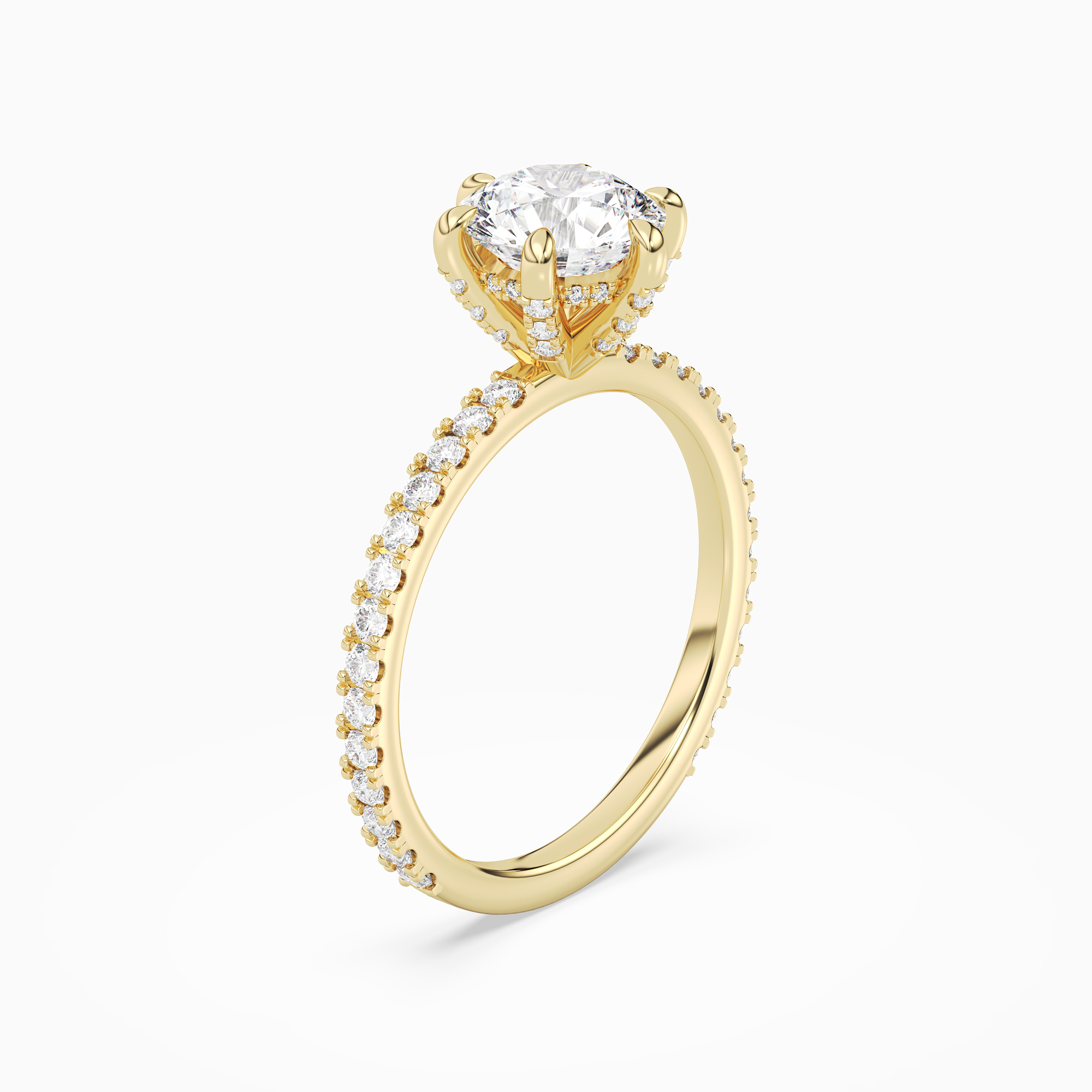 Round Hidden Halo Accent Six-Prong Pavé in 18K Yellow Gold angled