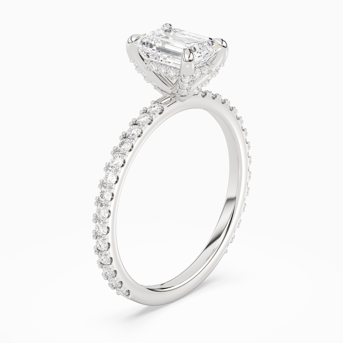 Emerald Hidden Halo Accent Luxe Pavé in 18K White Gold angled