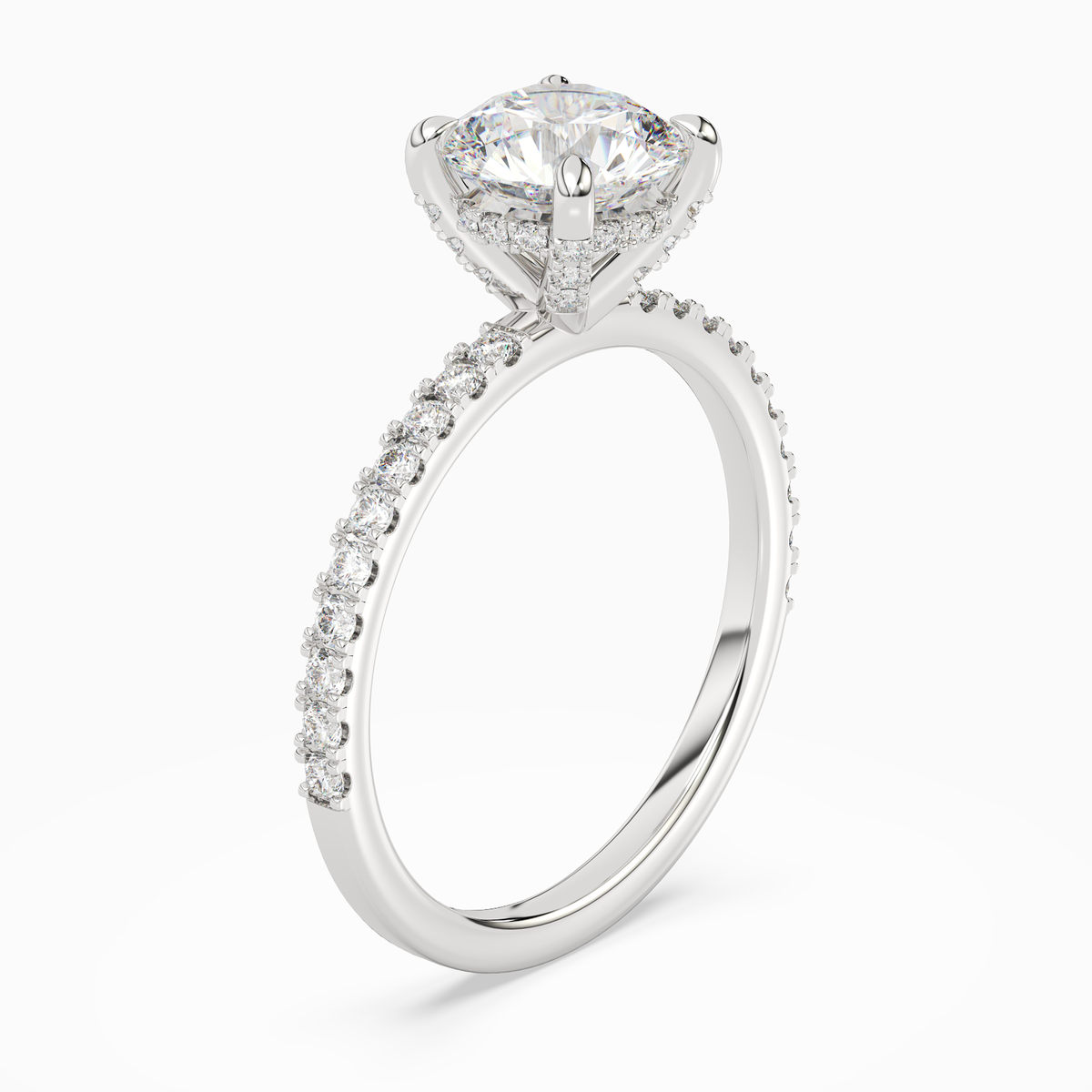 Round Hidden Halo Accent Pavé in 14K White Gold angled