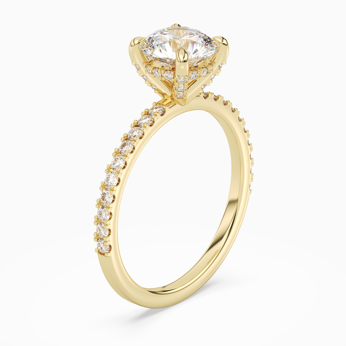 Round Hidden Halo Accent Pavé in 14K Yellow Gold angled