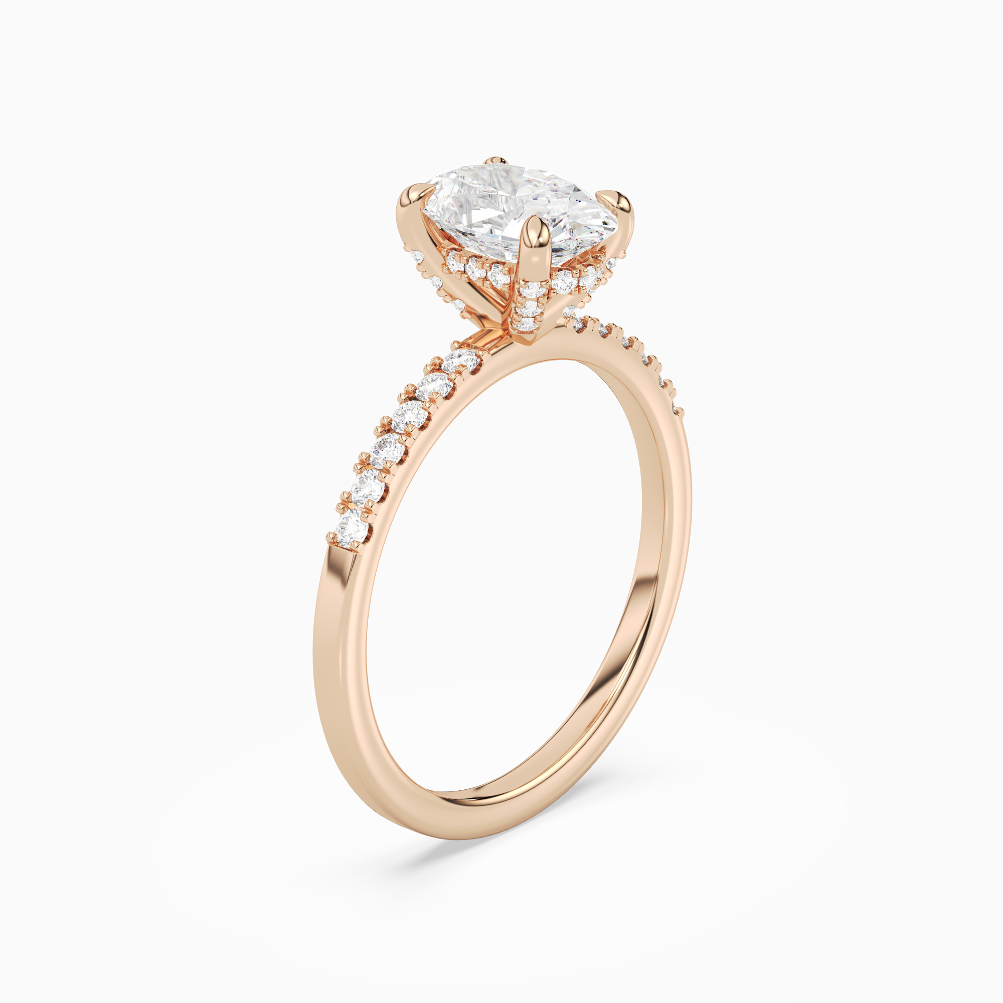 Oval Hidden Halo Accent Petite Pavé in 14K Rose Gold angled