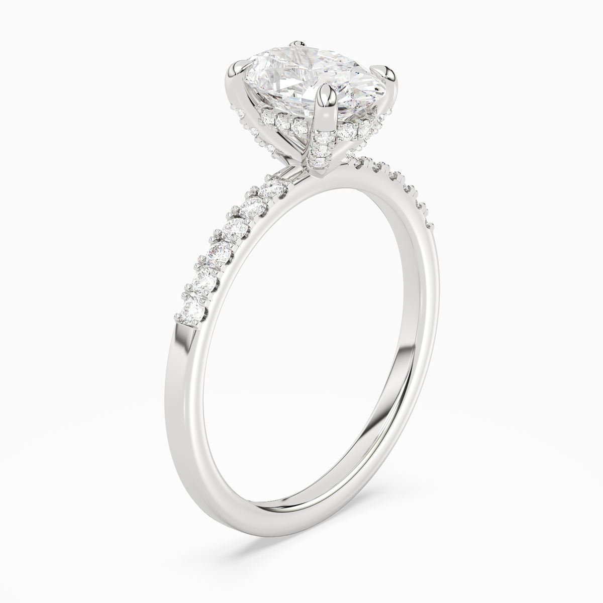 Oval Hidden Halo Accent Petite Pavé in 14K White Gold angled