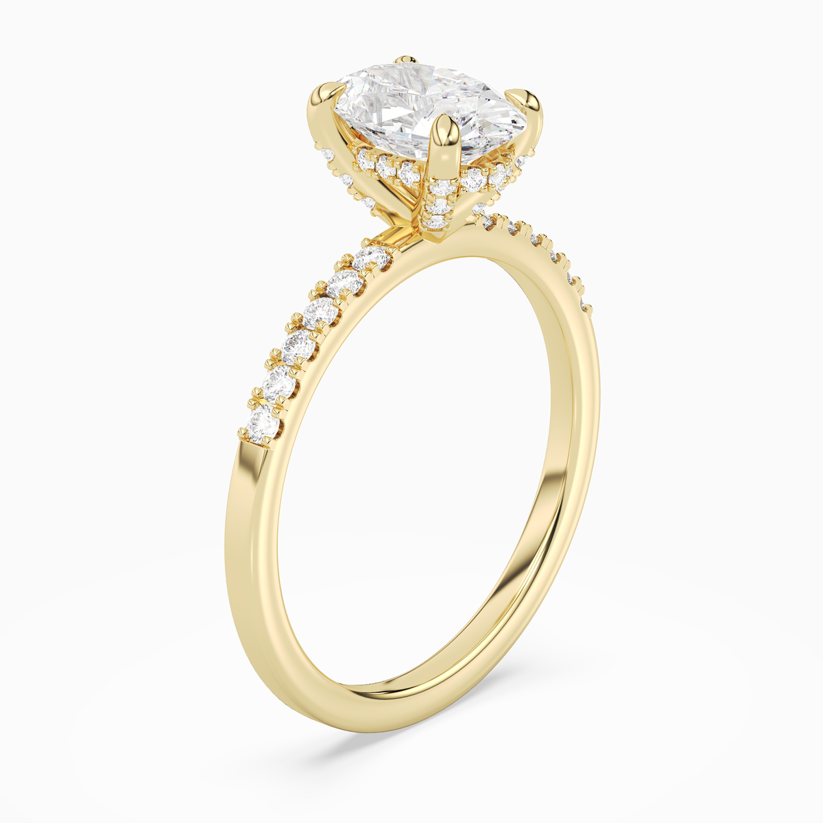 Oval Hidden Halo Accent Petite Pavé in 18K Yellow Gold angled