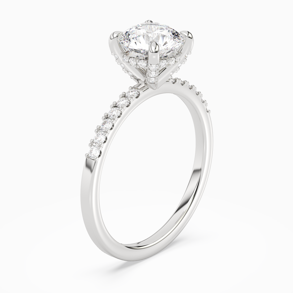 Round Hidden Halo Accent Petite Pavé in 18K White Gold angled