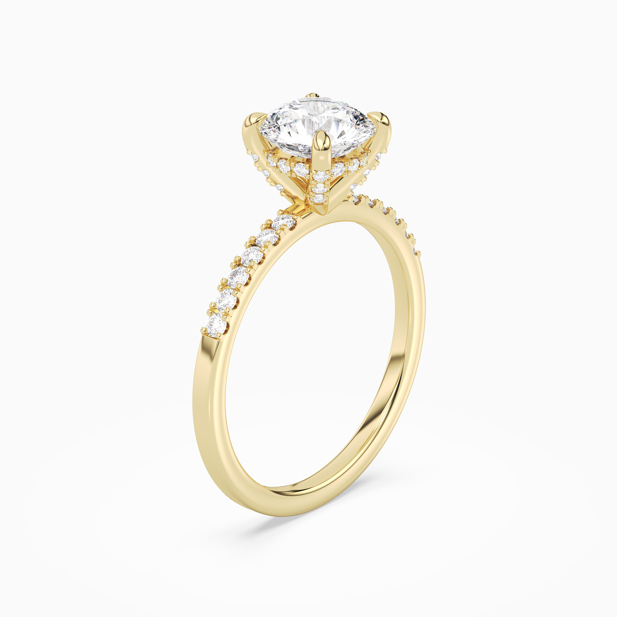 Round Hidden Halo Accent Petite Pavé in 18K Yellow Gold angled