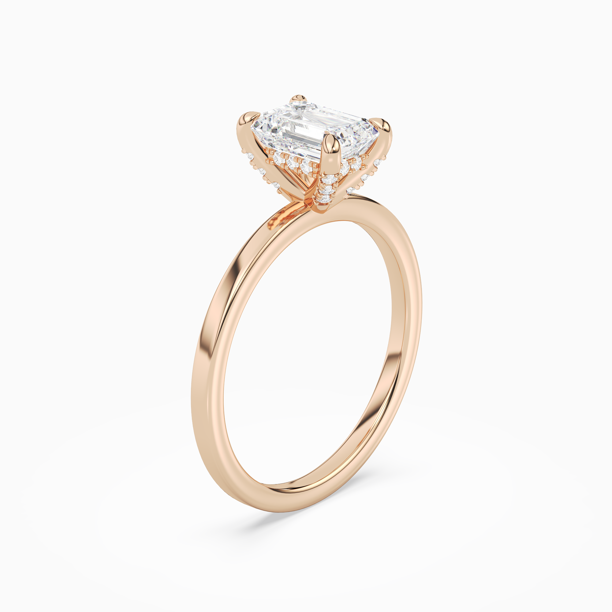 Emerald Hidden Halo Accent Plain in 14K Rose Gold angled