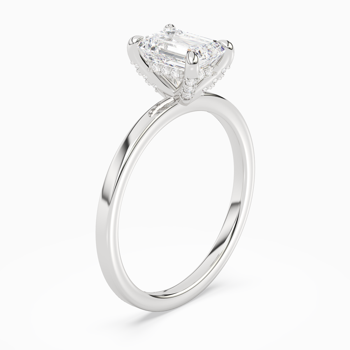 Emerald Hidden Halo Accent Plain in 14K White Gold angled