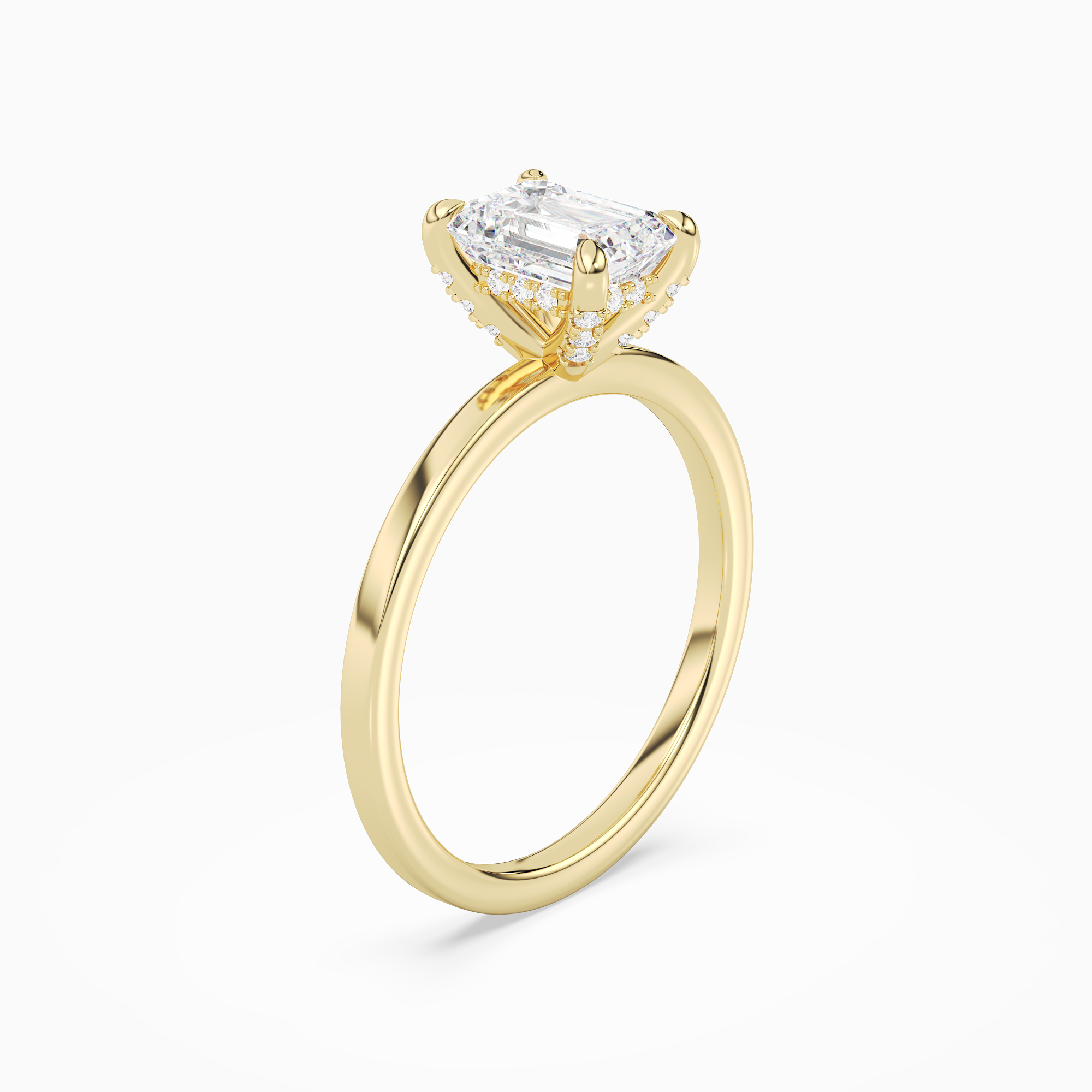 Emerald Hidden Halo Accent Plain in 14K Yellow Gold angled