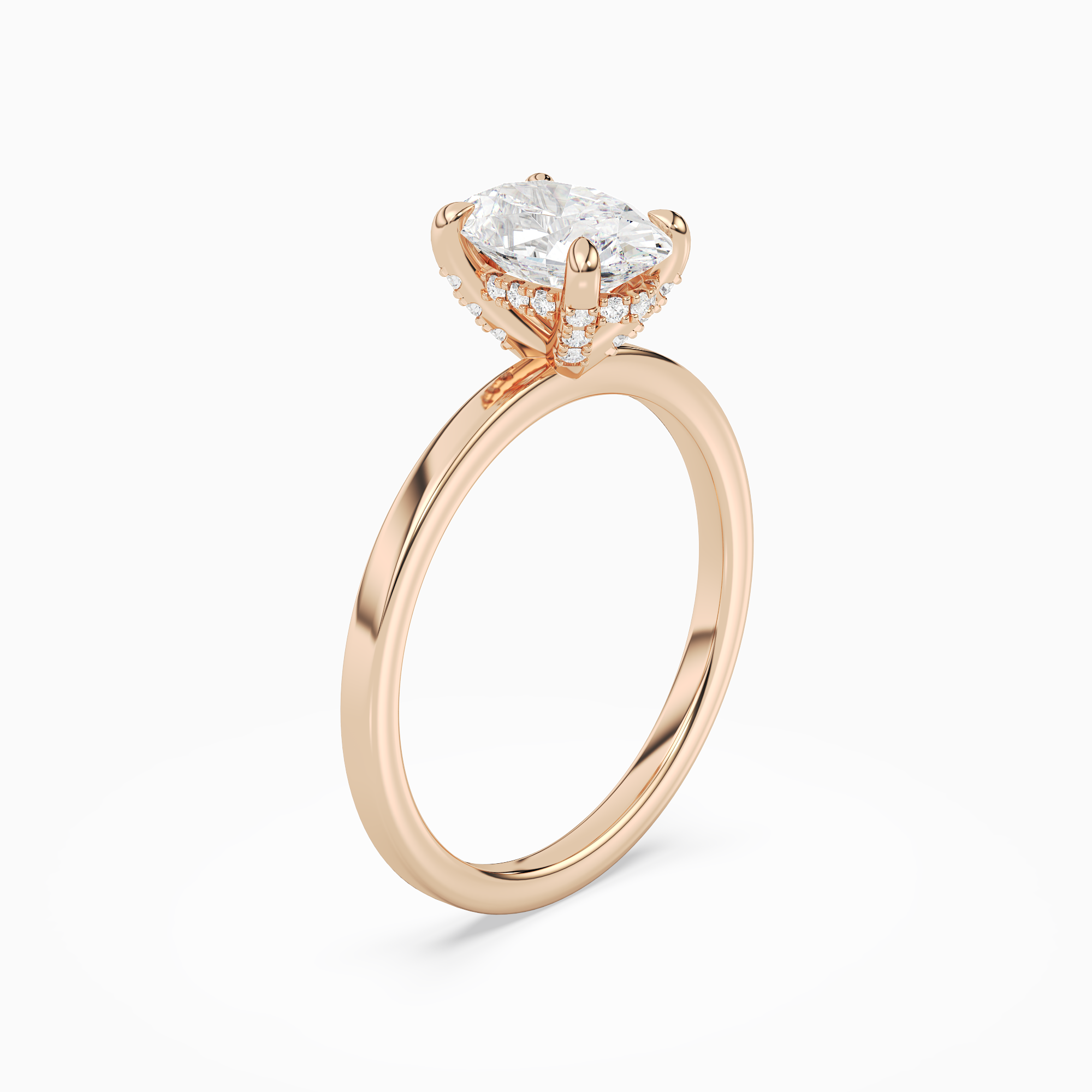 Oval Hidden Halo Accent Plain in 14K Rose Gold angled