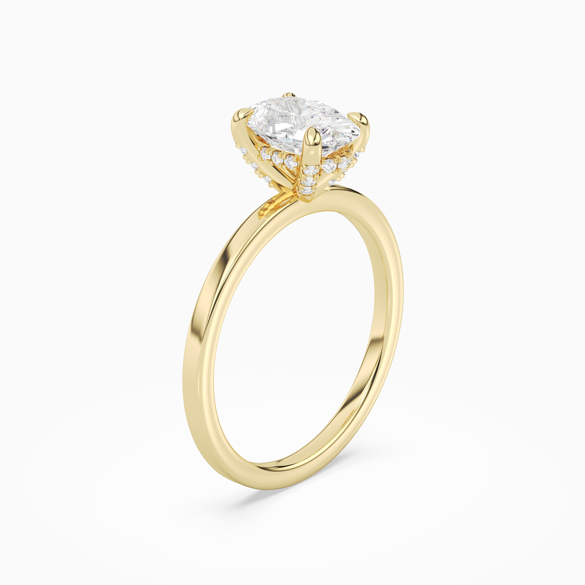 Oval Hidden Halo Accent Plain in 18K Yellow Gold angled