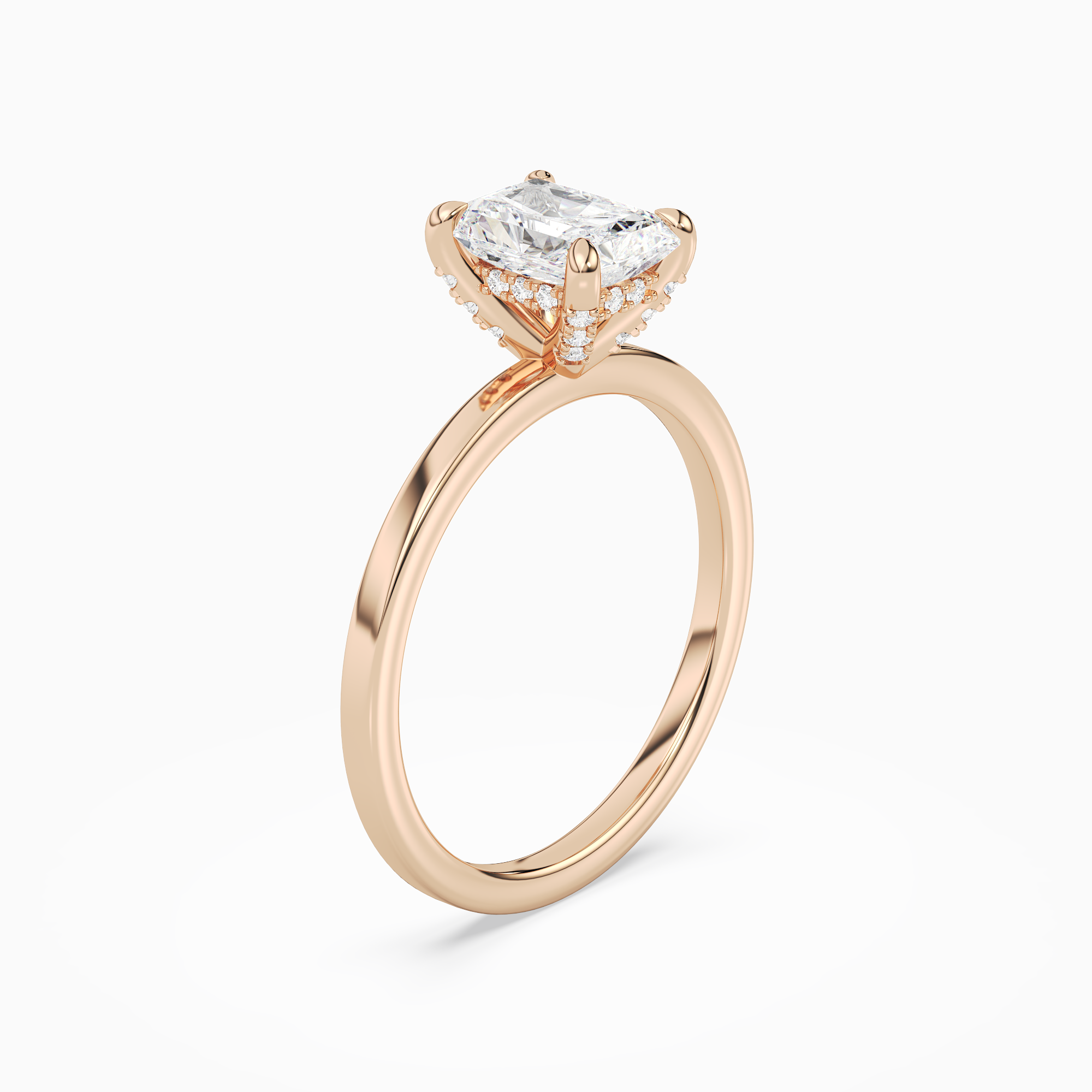 Radiant Hidden Halo Accent Plain in 14K Rose Gold angled