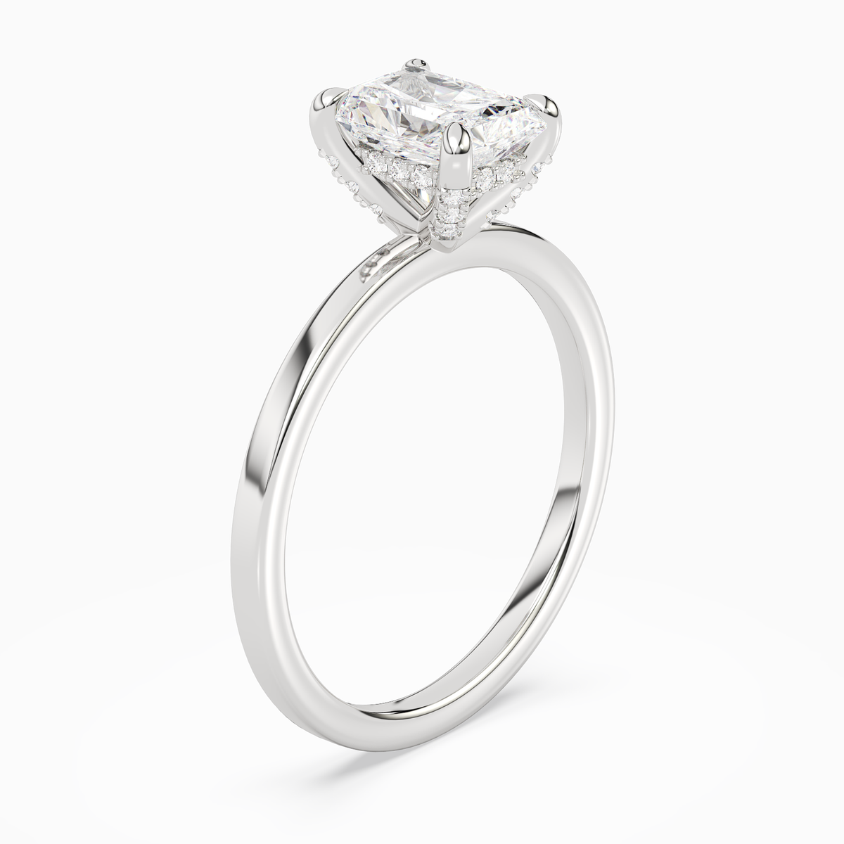 Radiant Hidden Halo Accent Plain in 14K White Gold angled