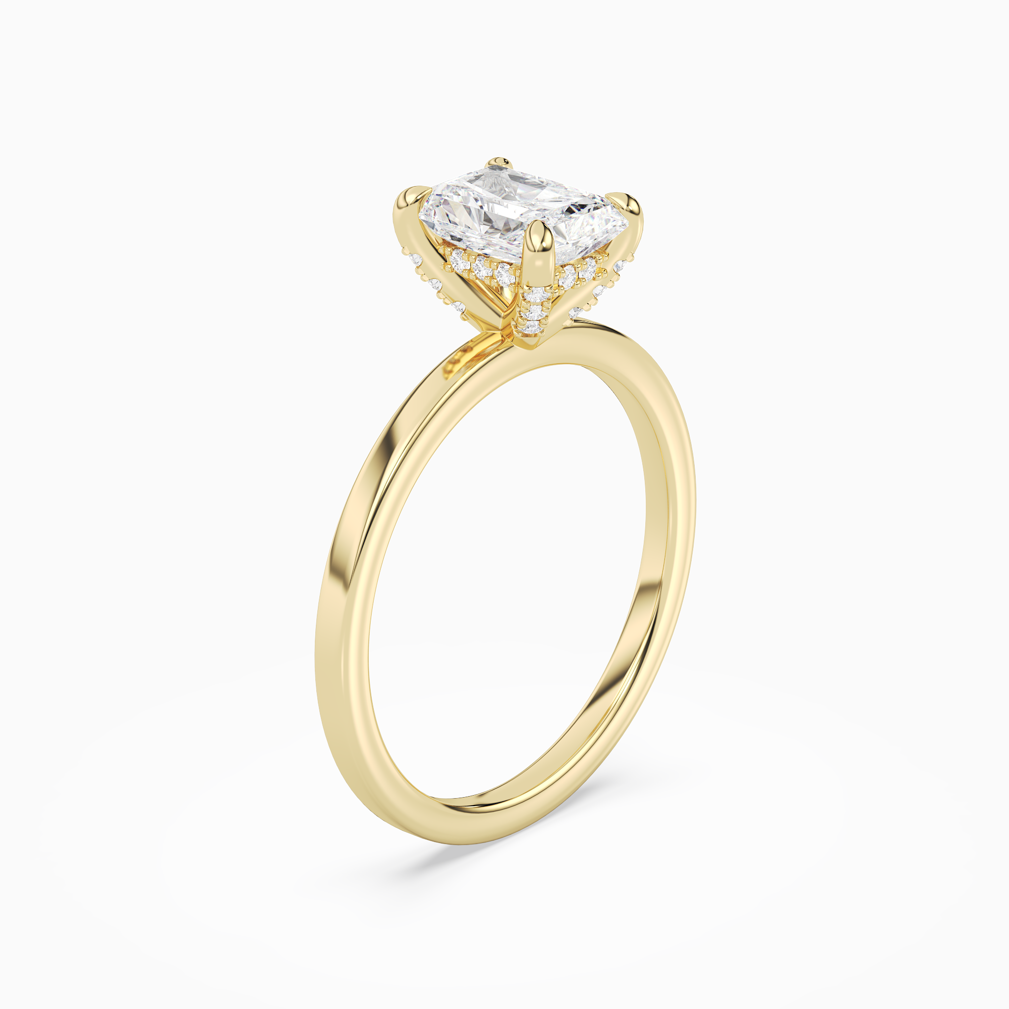 Radiant Hidden Halo Accent Plain in 14K Yellow Gold angled