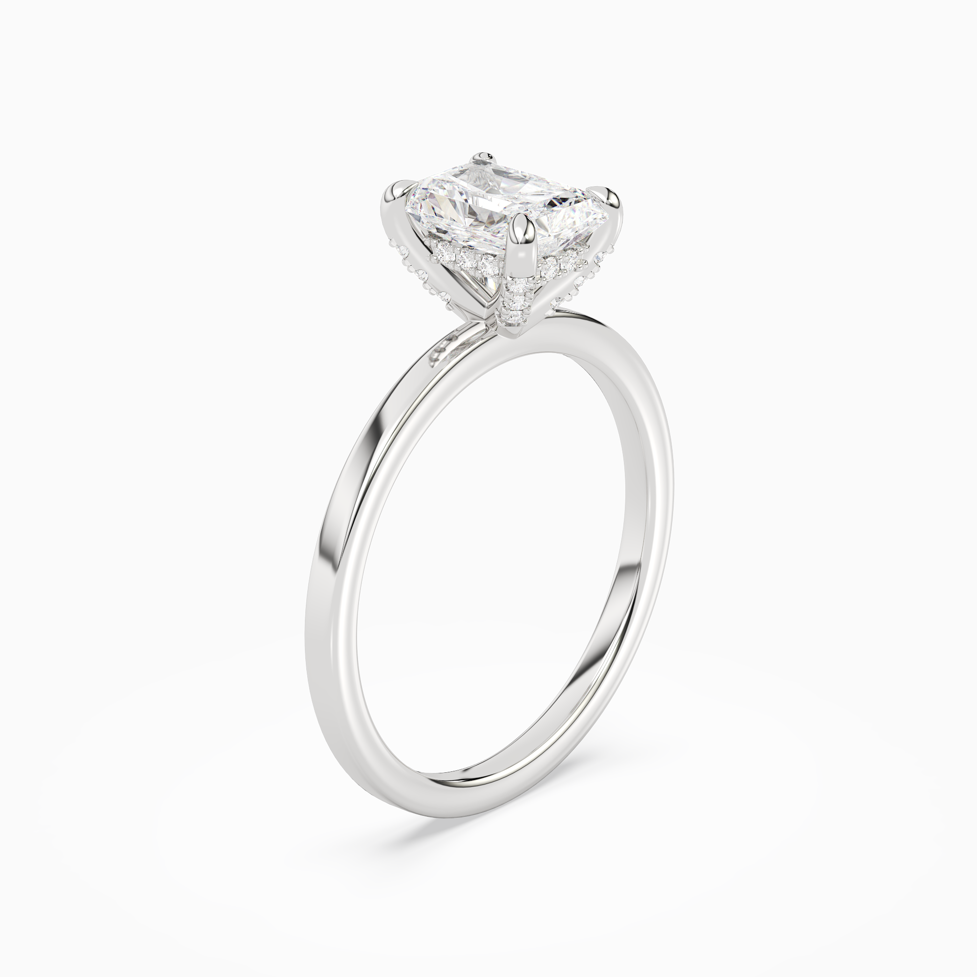 Radiant Hidden Halo Accent Plain in 18K White Gold angled