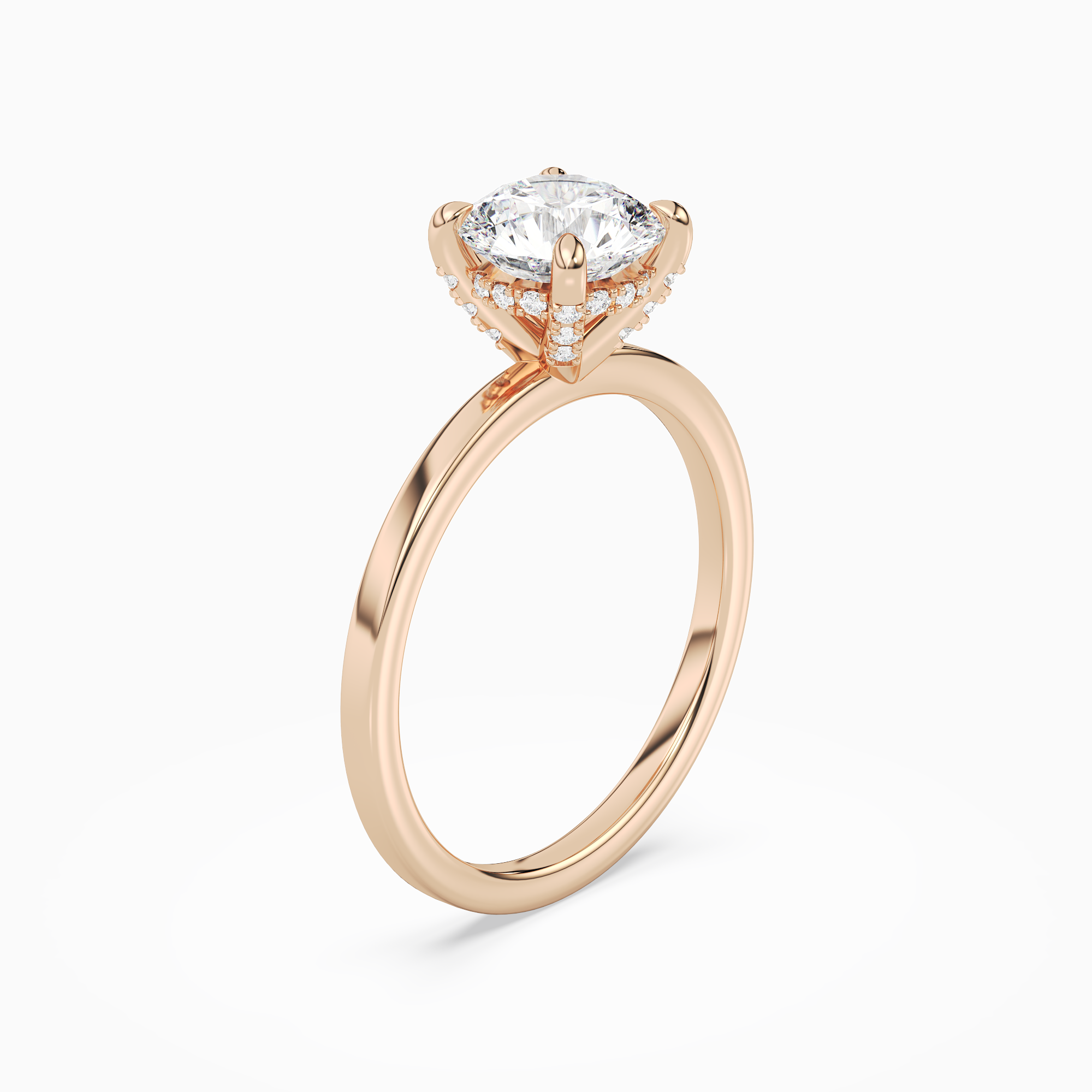Round Hidden Halo Accent Plain in 14K Rose Gold angled