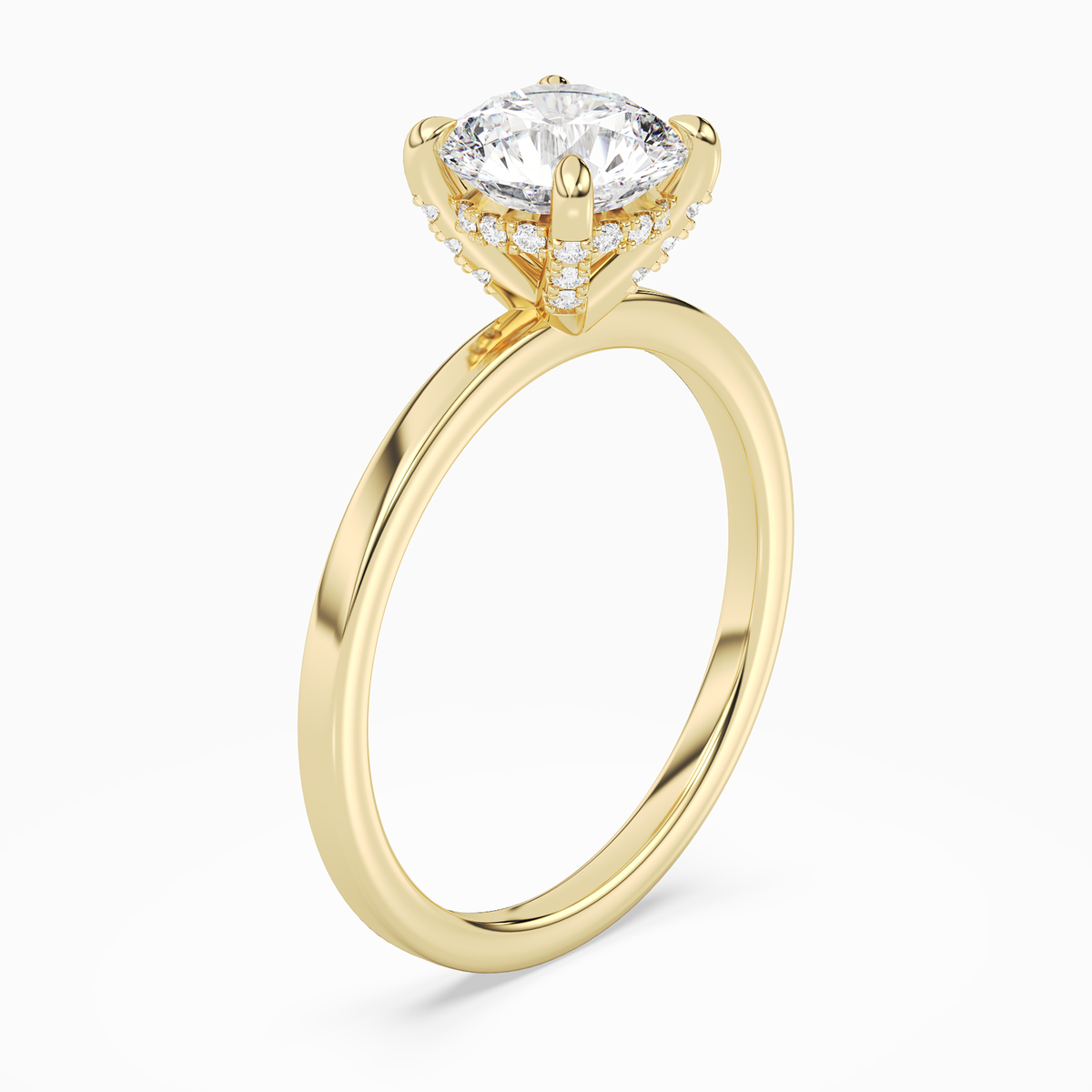 Round Hidden Halo Accent Plain in 14K Yellow Gold angled