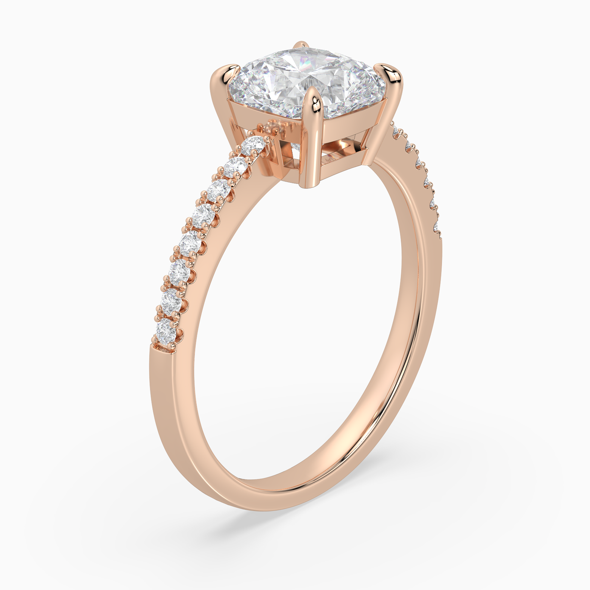 Cushion Classic Basket Pavé Solitaire in 14K Rose Gold angled
