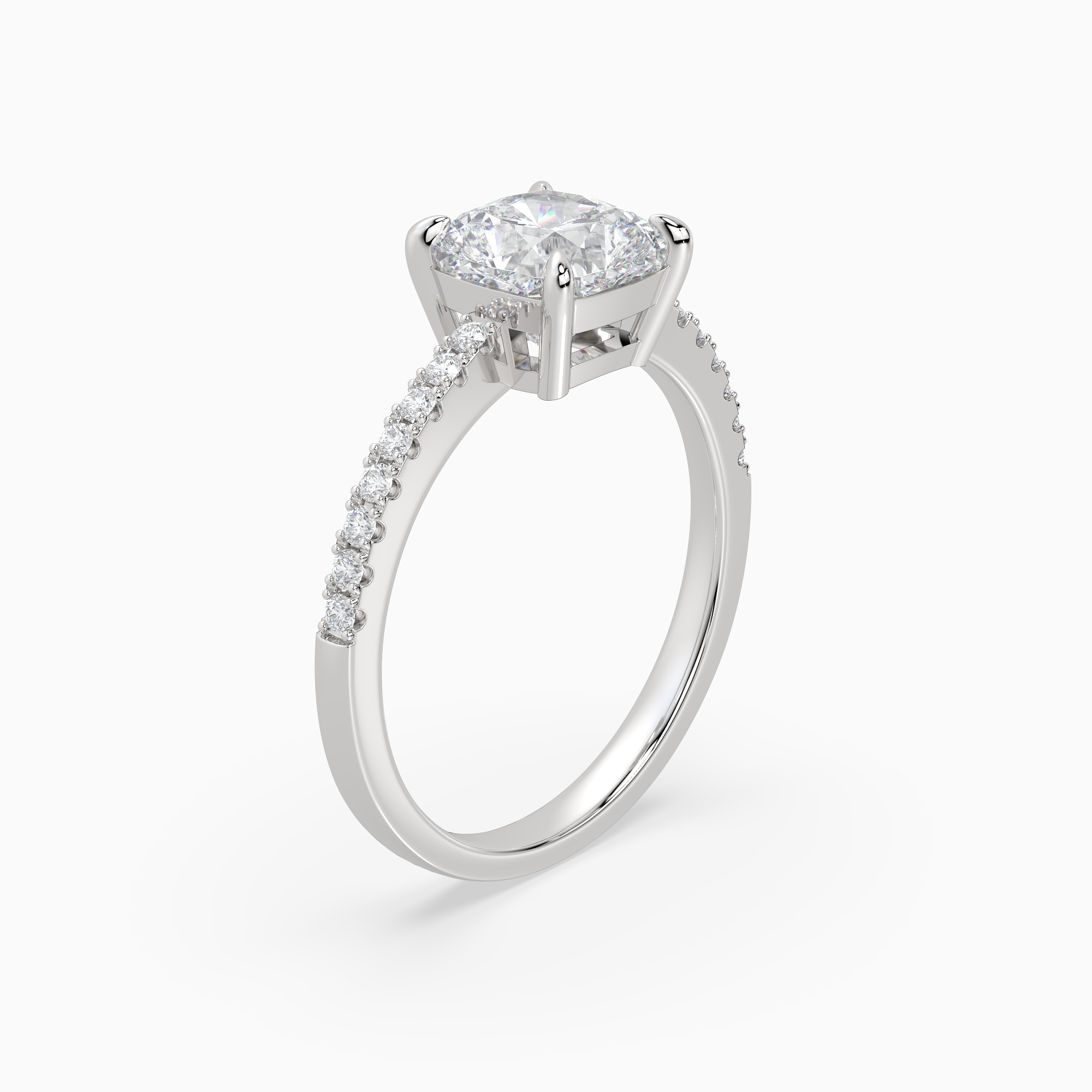 Cushion Classic Basket Pavé Solitaire in 14K White Gold angled