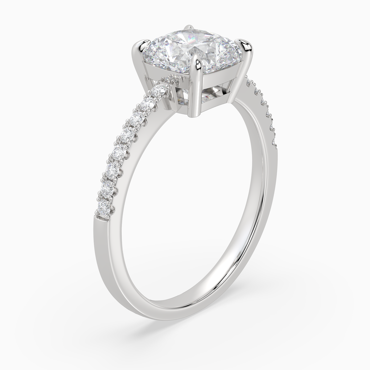 Cushion Classic Basket Pavé Solitaire in 14K White Gold angled