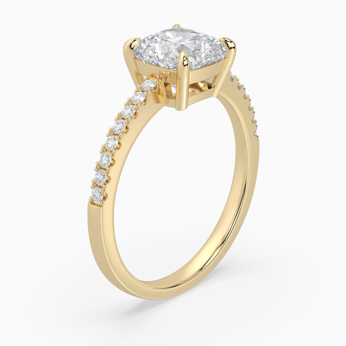 Cushion Classic Basket Pavé Solitaire in 18K Yellow Gold angled