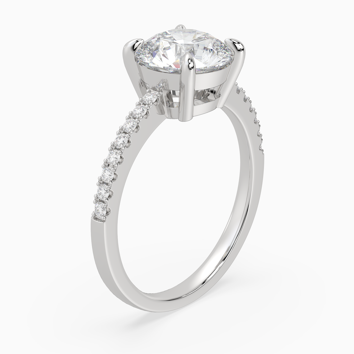 Round Classic Basket Pavé Solitaire in 18K White Gold angled