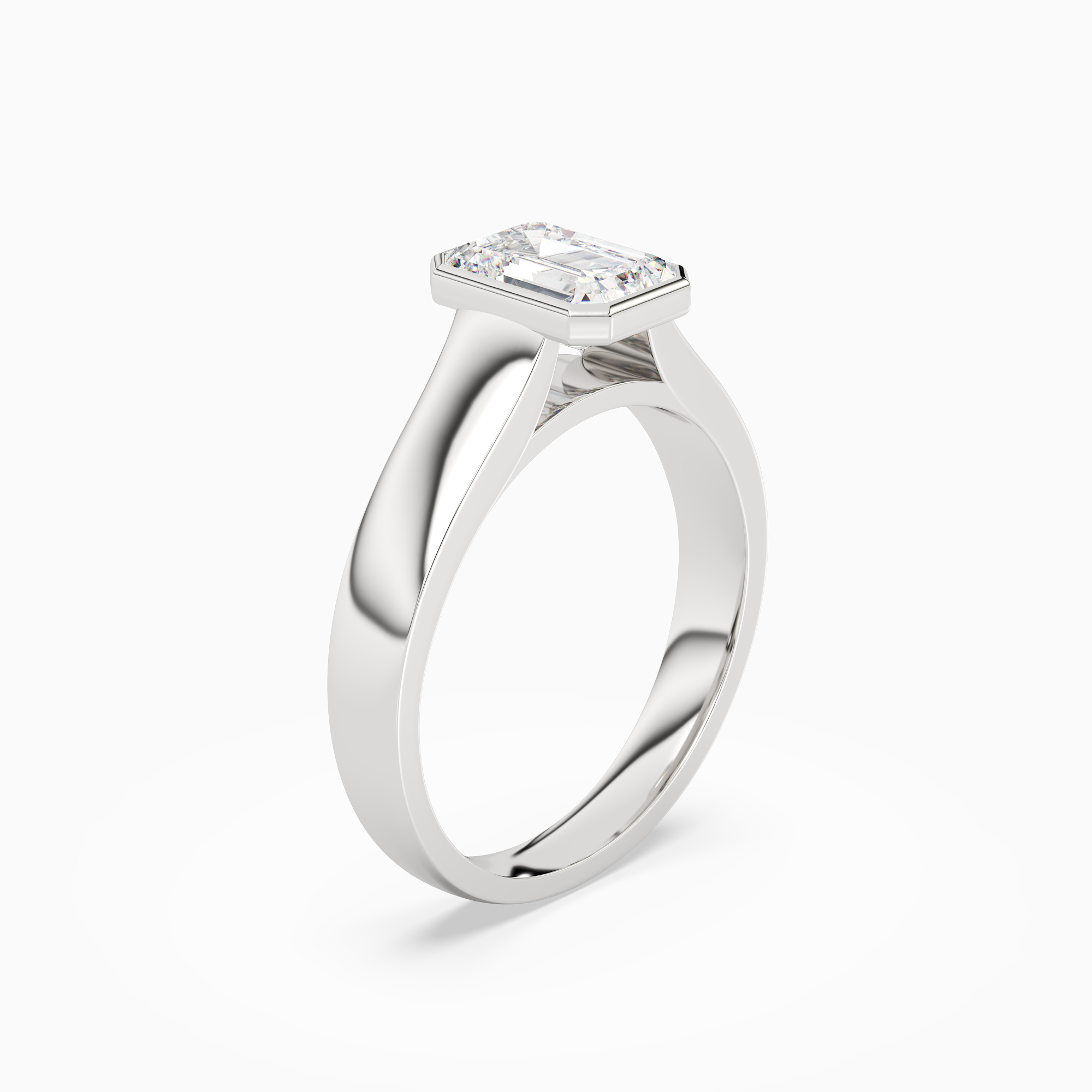 Emerald Wide Tapered Bezel Solitaire in 14K White Gold angled