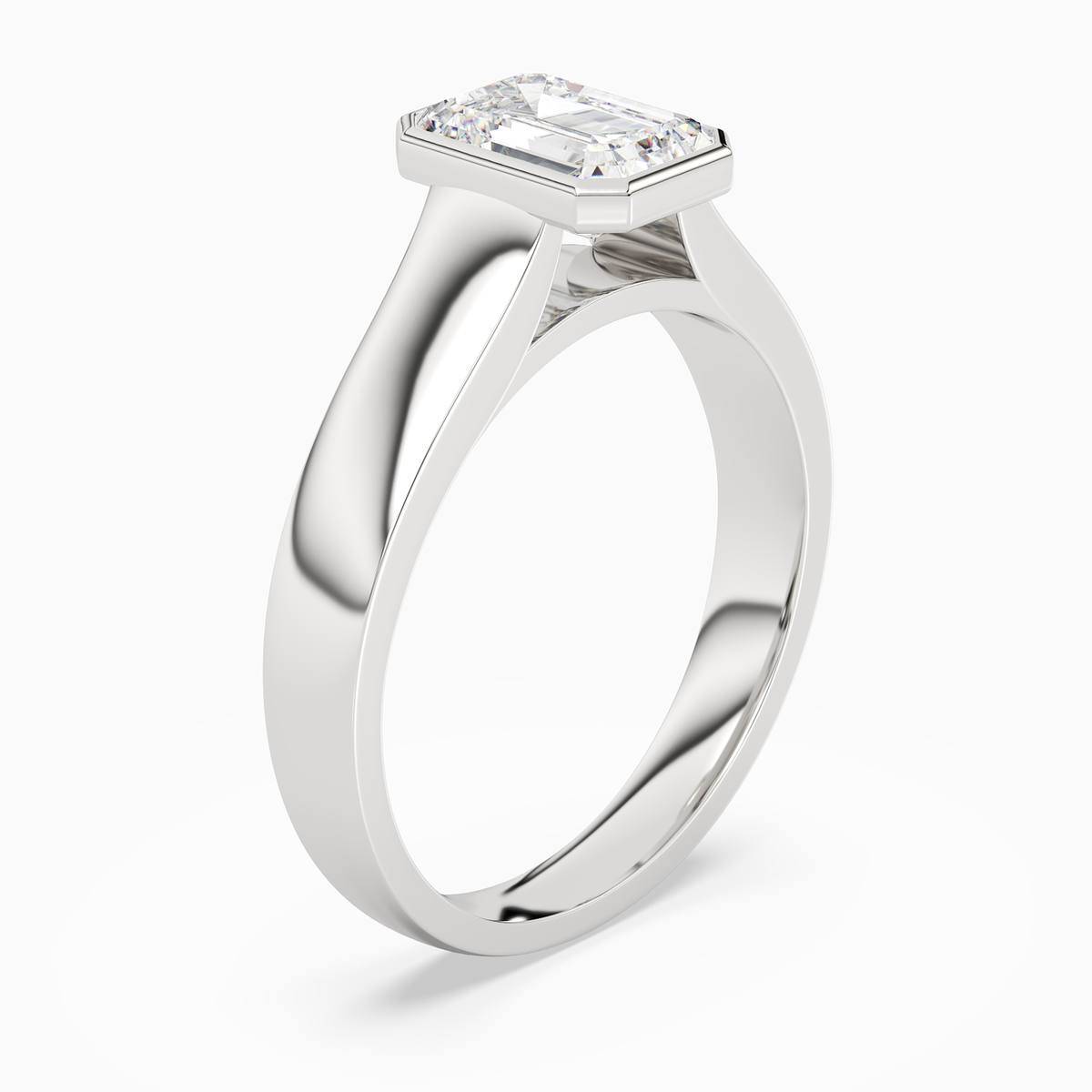 Emerald Wide Tapered Bezel Solitaire in 14K White Gold angled
