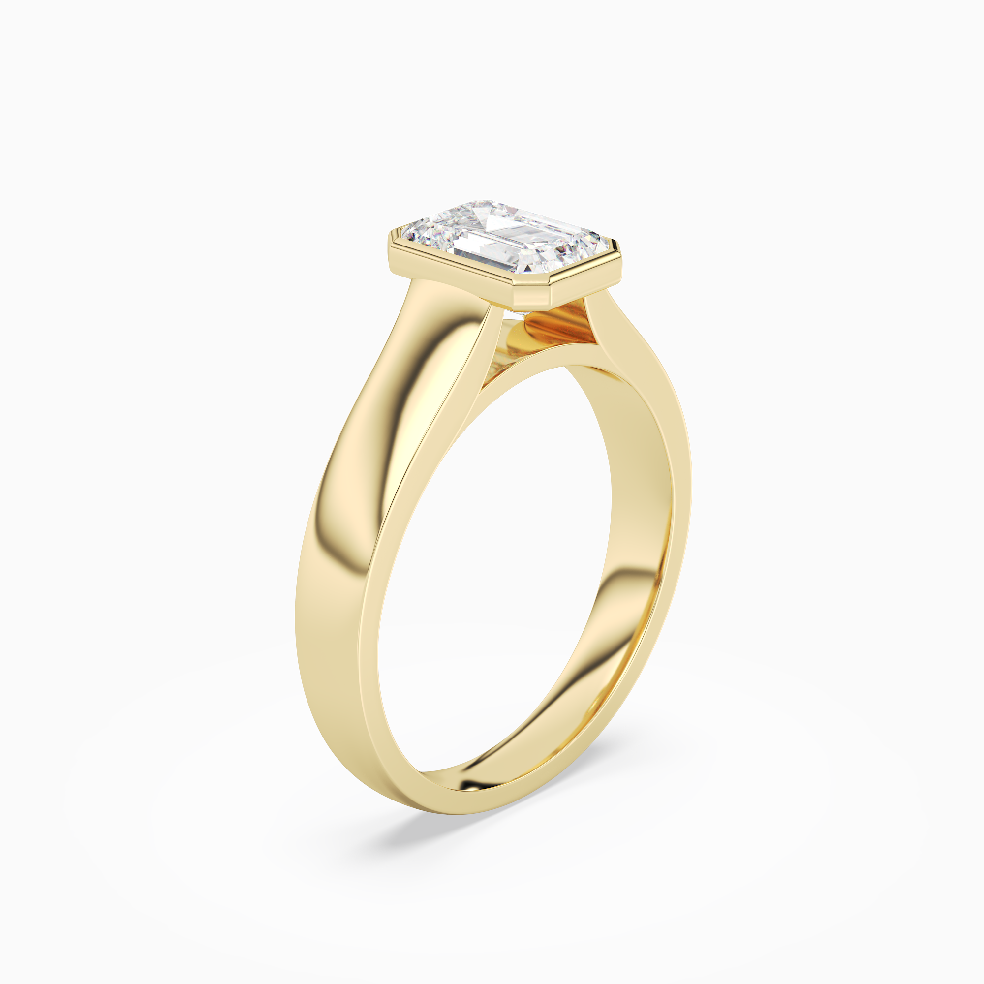 Emerald Wide Tapered Bezel Solitaire in 14K Yellow Gold angled