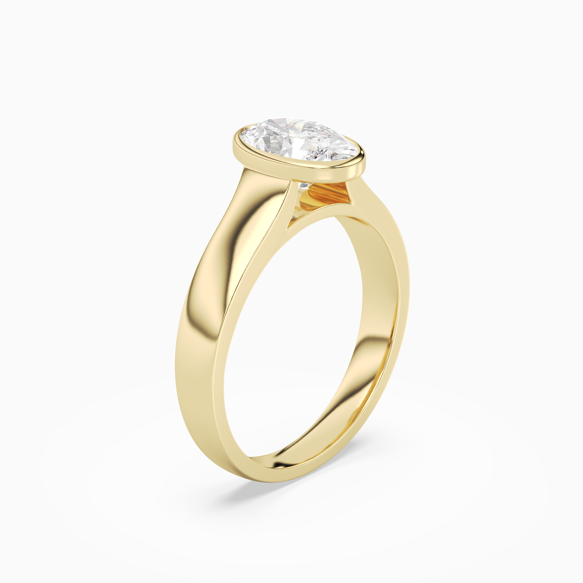 Oval Wide Tapered Bezel Solitaire in 18K Yellow Gold angled