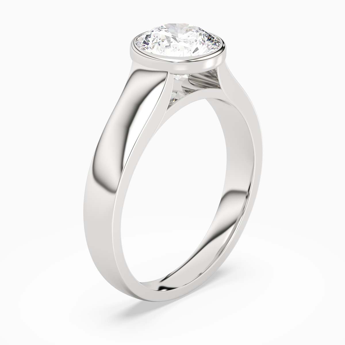 Round Wide Tapered Bezel Solitaire in 14K White Gold angled
