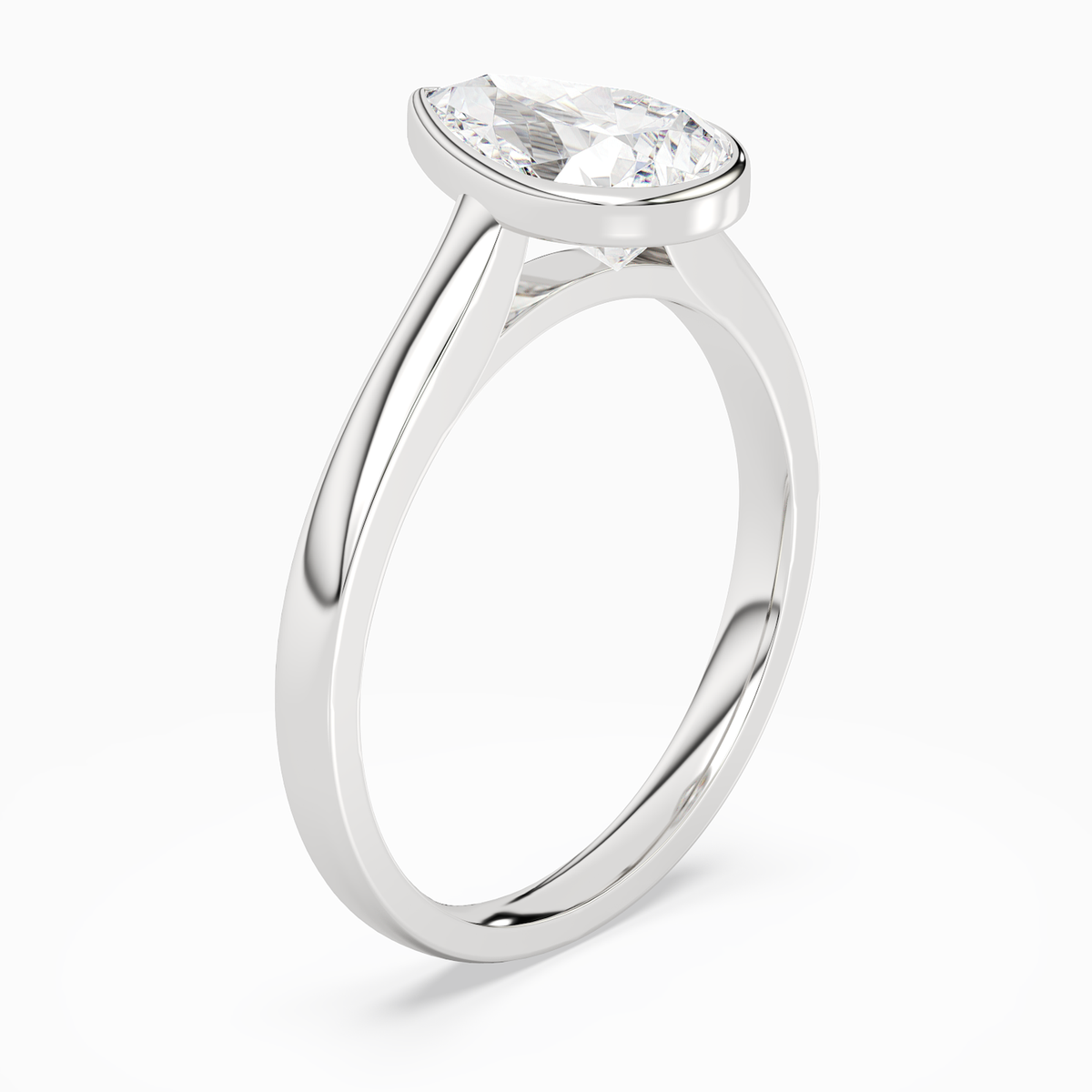 Pear Medium Tapered Bezel Solitaire in Platinum angled