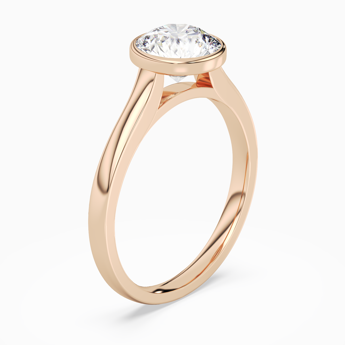 Round Medium Tapered Bezel Solitaire in 14K Rose Gold angled
